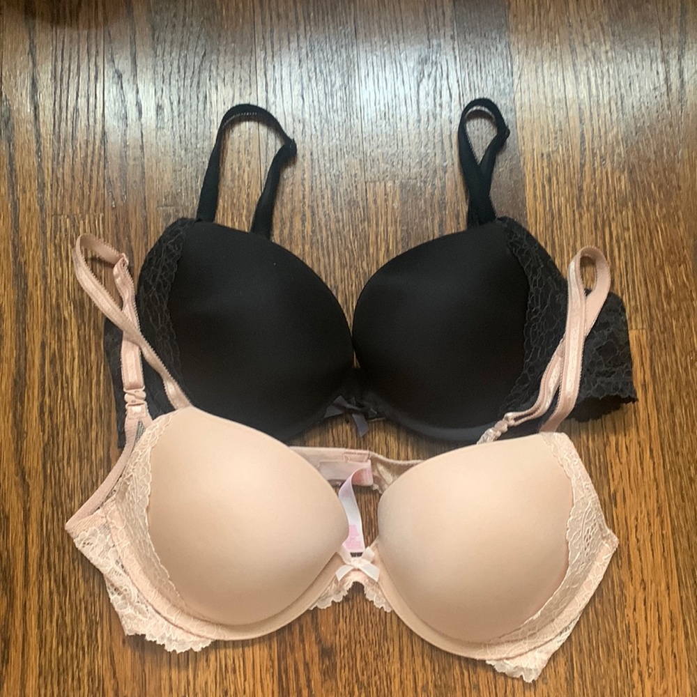 Victoria’s Secret Dream Angels Push-Up bras size 34C in black and nude.